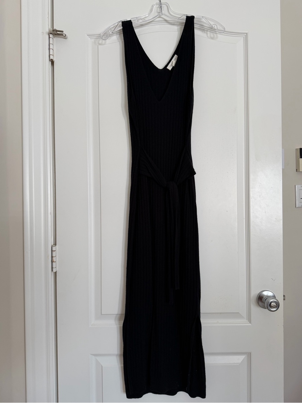 Treasure & Bond Black Sleeveless Ribbed Maxi Dress with Waist Tie